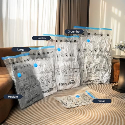 Amazon Basics Vacuum Storage Bags for Clothes, Compression Zipper with Hand Pump, Medium, White, Sky Blue, 5-Pack - size: Medium