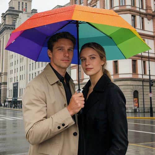 Windproof Golf Umbrella Large 54 Inch Folding Auto Open Close Wood Handle - color: 14.Rainbow