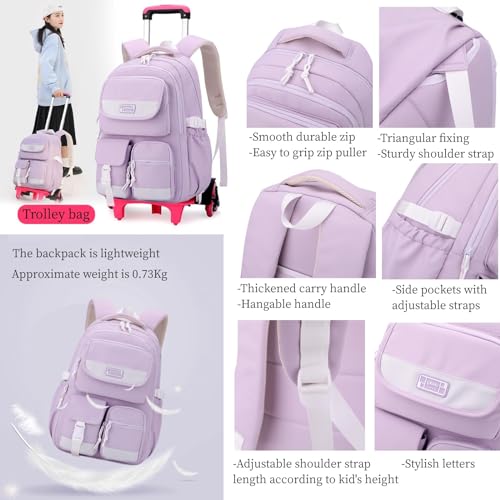 MITOWERMI Rolling Backpack for Girls, Backpack with Wheels for Girls, Kids Roller Trolley Bags Wheeled School Bookbag Purple-6 wheels - color: 6 Wheels-purple
