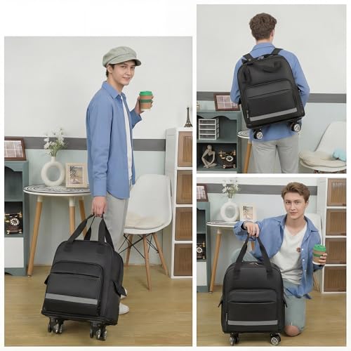 Backpack With Wheels, Large Foldable Backpack For Travel, Collapsible Duffle Bag With Carry On Design, Detachable 4 Spinner Wheels - Black
