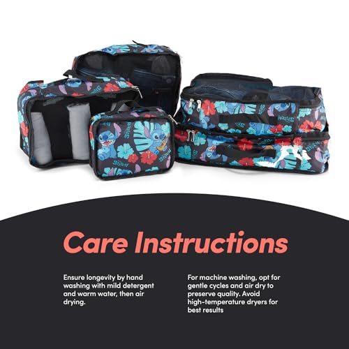 Disney Packing Cubes for Travel – 5 Piece Compression Set, Mickey Minnie Stitch Pooh Luggage Organizer Bags - color: Black Stitch