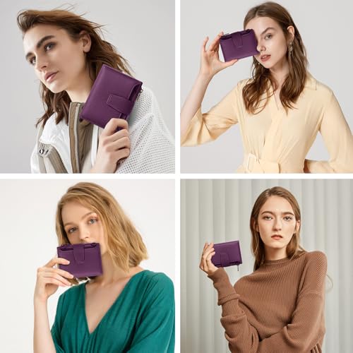 Airkit Small Wallet Women RFID Blocking Soft Leather Bifold Compact Card Holder Wallet for Women with Zipper Coin Pocket 4 ID Window - color: Deep Purple