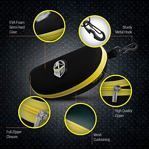 BLUPOND Knight Visor Large Sunglasses Case with Metal Carabiner & Zipper - EVA Semi Hard Frame Glasses Case for Men & Women - color: Black