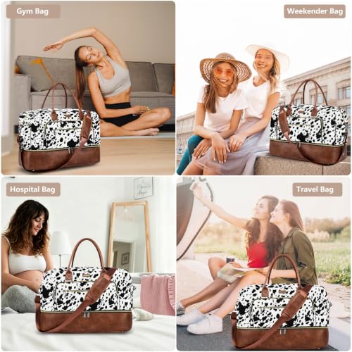 Large Women Travel Weekender Bag: Carry on Duffle with Shoe Compartment - color: Black Cow Print