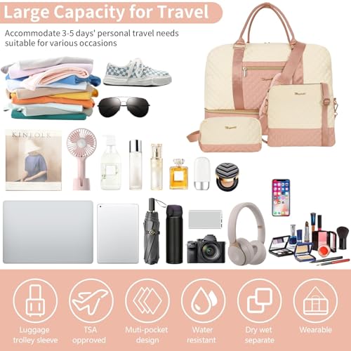 3PCS Weekender Bags for Women Large Overnight Bag, Pink Beige - color: Pink Beige
