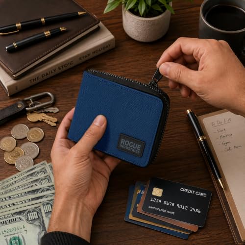 ROGUE WALLET Leather & Nylon Zip Wallet for Men, RFID Blocking, Navy - color: Navi