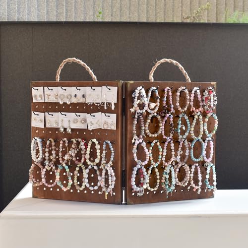 MOOCA Foldable Wooden Pegboard Jewelry Display with 48 Hooks, Brown - color: Brown