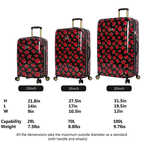 Betsey Johnson Designer Luggage Collection - Expandable 3 Piece Hardside Lightweight Spinner Suitcase Set - Travel Set includes 20-Inch Carry On, 26 inch and 30-Inch Checked Suitcase (Covered Roses) - color: Covered Roses