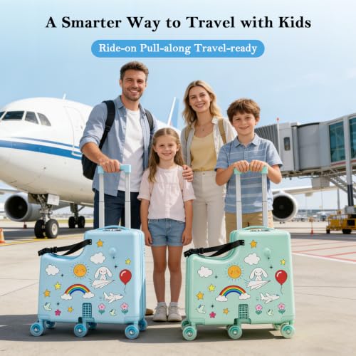 Ride on Suitcase for Kids, Hard Shell Kids Luggage with Belt, Foldable Pedal & Front Grab Handles, Hidden Cup Holder, TSA Lock, 6 Spinner Wheels, Kids Carry on Suitcase for Travel, Blue - color: Blue