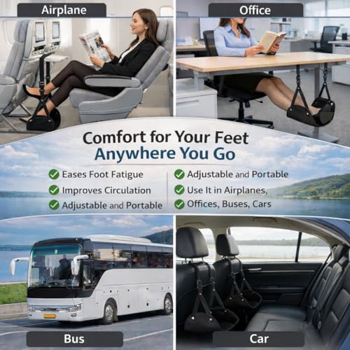 Airplane Foot Hammock 3-in-1 Travel Kit – Adjustable Memory Foam Foot Rest with Eye Mask & Ear Plugs for Long Flights, Office & Car