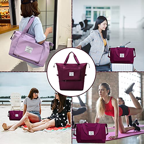 Large Capacity Foldable Travel Bag, Expandable Waterproof Carry on Bag, Dry and Wet Separation Spor Duffel Bags - color: Fuchsia