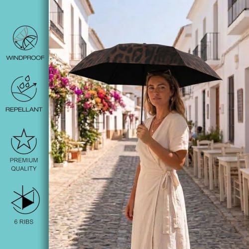 Knirps U.200 Ultra Light Duomatic Automatic Open Rain Umbrella - Compact Windproof Travel Umbrella for Adults - 97cm Diameter Retractable With Carrying Case - color: Leo with Black Heat Shield