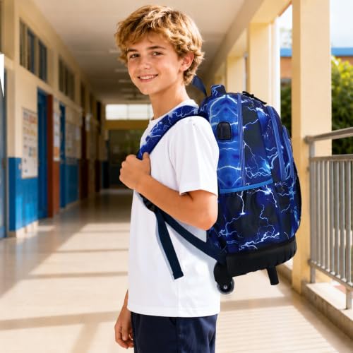 DIGOBAY Rolling Backpack for Boys, Cool Boys Backpack with Wheels, Kids Wheeled backpacks Set with Lunch Bag Pencil Case for Teen Boy, Roller School Bag with Wheels for Elementary Middle School - color: Black and Blue Lightning