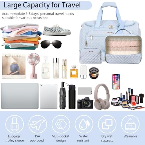3PCS Weekender Bags for Women, Large Travel Bags Personal Item Travel Bag - color: Sky blue