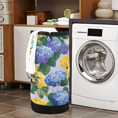 Blue Hydrangeas Hummingbirds Laundry Backpack Bag with Adjustable Shoulder Straps Handle Dirty Laundry Hamper Bag for Traveling Camp College Dorm Heavy Duty Waterproof Large Capacity - color: Blue Hydrangeas Hummingbirds