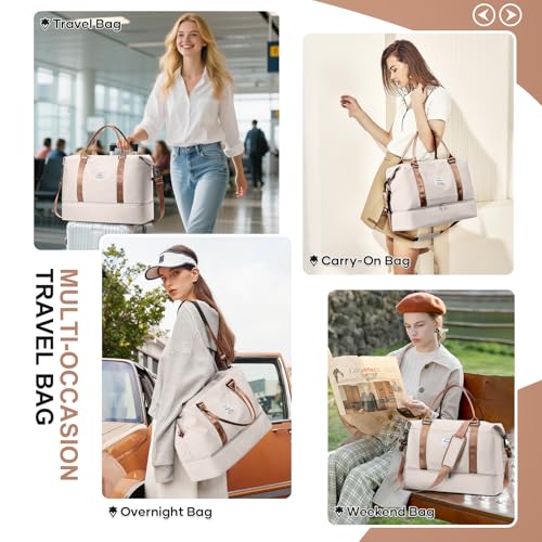 Weekender Bags for Women, Personal Item Travel Bag with Shoes Compartment - color: A-Beige & Brown with Air Pump, size: Large