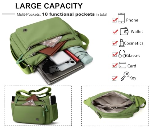 Crossbody Bags for Women Waterproof Nylon Shoulder Bag Roomy Multiple Pockets Messenger Purses Handbags - color: Dark Green