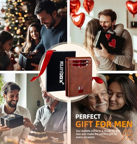 RUNBOX Wallet for Men -Slim Rfid Leather Mens Bifold Novelty Wallets 2 ID Window With Gift Box Men's Accessories - color: RETRO RED BROWN