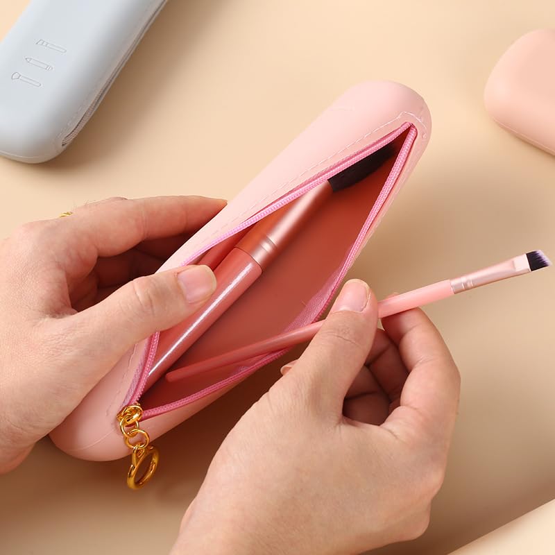 Silicone Makeup Brush Storage Bag – Large Capacity Travel Cosmetic Organizer Pouch - color: Khaki