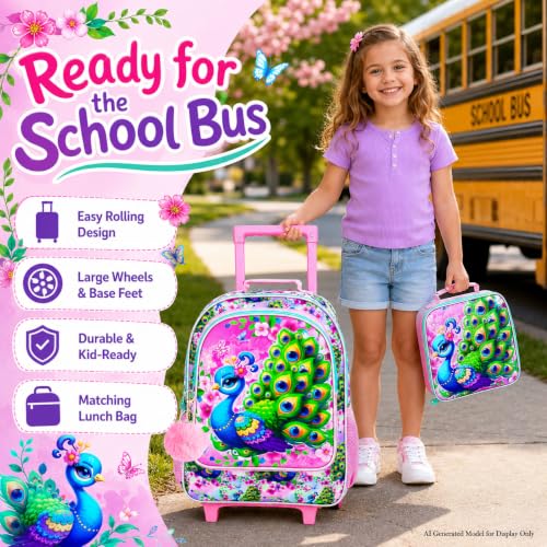 UFNDC 4PCS Girls Backpack with Wheels, Cute Kids Peacock Wheeled Backpack,Roller School Bag with Wheels for Elementary Preschool Travel - color: UV Printing Green Peacock Rolling Backpack