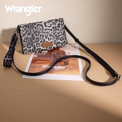 Wrangler Leopard Print Womens Wristlet Wallet RFID Blocking Bifold Clutch Credit Card Holder Purse with Crossbody Strap - color: B-leopard Black