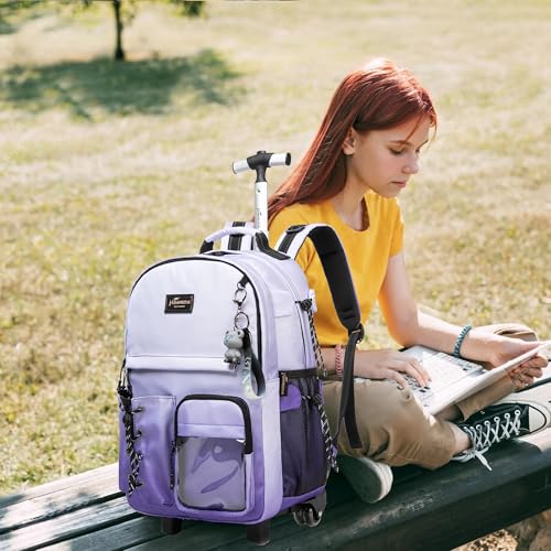 Kids Backpack with Wheels Kids Rolling Backpack Suitcase Carry on Luggage Backpacsk with Wheels for Teens Boys Girls Rolling Backpacks for Elementary Middle High School Students - color: Gradient Purple Gray
