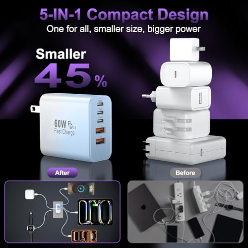 USB C 고속 벽 충전기 블록, 60W USBC 충전 큐브 2팩, 5포트 PD+QC 전원 어댑터 멀티포트 브릭 타입 C 박스 플러그 휴대폰 17/16/15/14/13/12/11/프로 맥스/플러스, 패드 미니/프로/S25/S24용 - color: 그라데이션 퍼플+블루-2팩