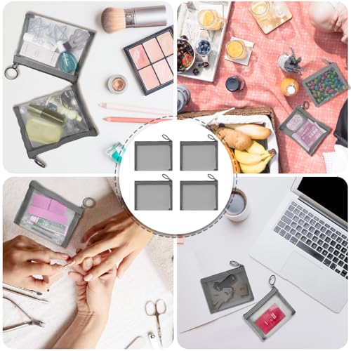 Mini Mesh Pouches (4 Pack), Small Mesh Bags with Zipper Nylon Makeup Pouches Bag Cosmetic Pouch Travel Purse Organizer Insert Diaper Inside Bag Organizers Home Organizing Size See Through Cute Gray - size: 4 Pack Mini Gray