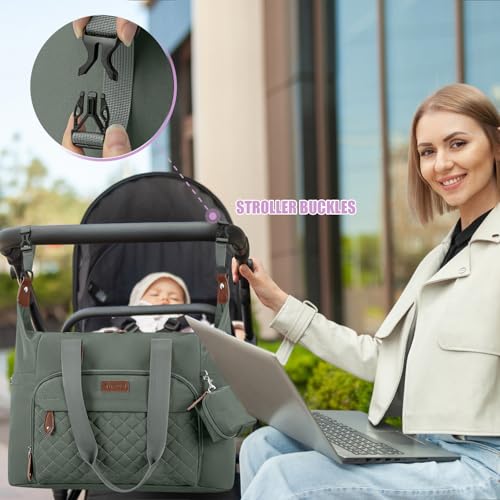 Tuwubi Diaper Bag Tote,Baby Diaper Bag with Pacifier Case - color: Olive Green, size: Medium