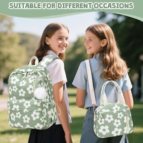 ACESAK 3PCS Corduroy Girls Backpack w/Lunch Box & Pencil Bag (Green Flower) - color: Green Flower