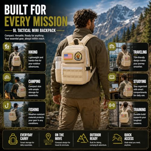 9L Mini Tactical Backpack for Men and Women, Gym Hiking Travel Daypack - color: Beige