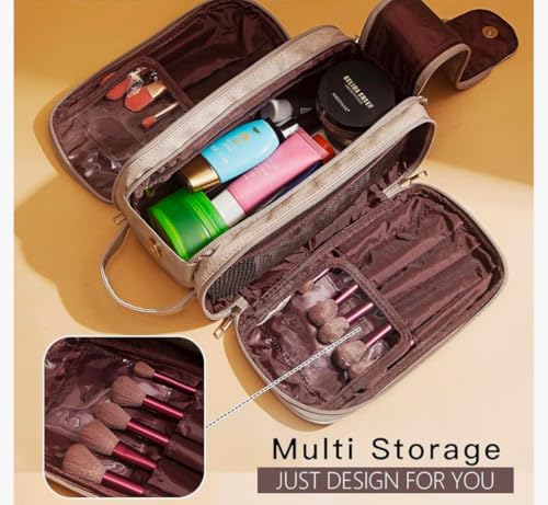 Premium Toiletry Travel Bag, Suede Leather, Multi-Compartment Dopp Kit with Handle, Beige