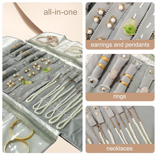 Travel Jewelry Case, Velvet Jewelry Organizer Roll Bag - color: Grey and Black