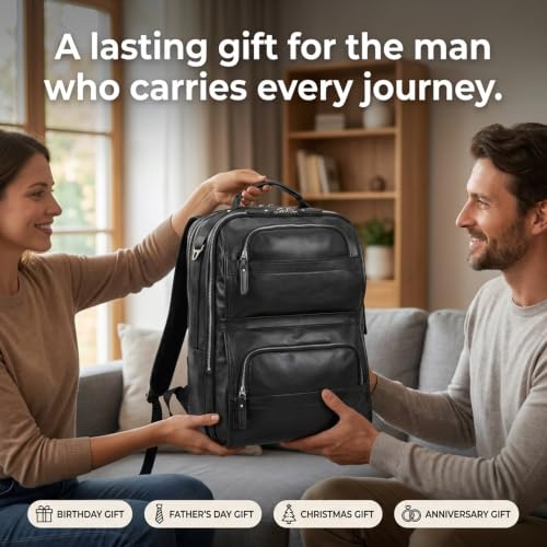 LANNSYNE Nappa Leather Backpack for Men, 16" Laptop Work Travel Bag, Black - color: Black