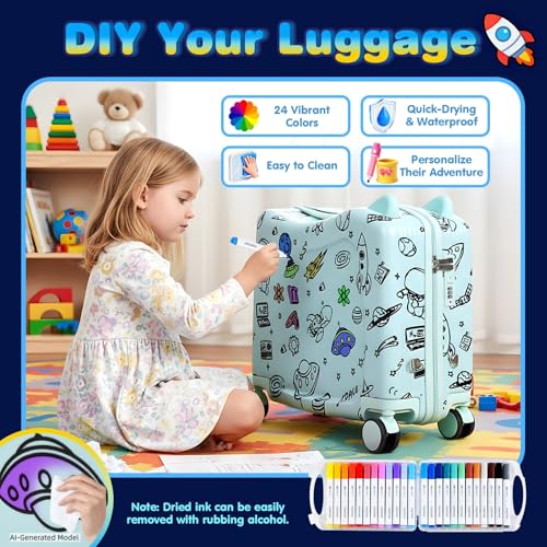 Kids Ride-On Suitcase with Cute Ears, 20" Carry-On Luggage with TSA Lock - color: Green(Carry On Size)