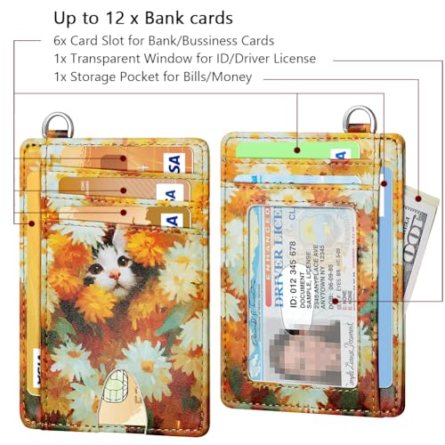 FurArt Slim Minimalist Wallet RFID Credit Card Holder for Men - color: Daisies and Cat