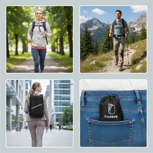 Ultra-light Foldable Backpack 80g – Packable into Palm Size, Hiking & Outdoor Sports, Water-Resistant Nylon (Black)