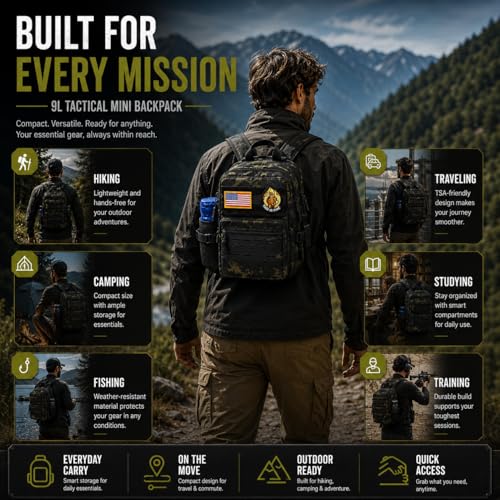 9L Mini Tactical Backpack for Men and Women, Gym Hiking Travel Daypack - color: Black Camo