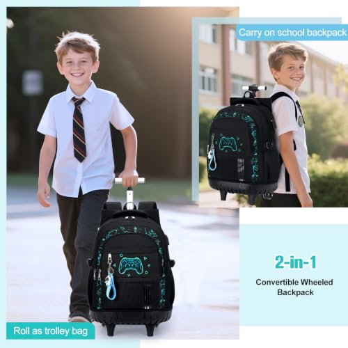 ACESAK 3PCS Rolling Backpack for Boys Children, Boys Backpack with Wheels - color: Black Game