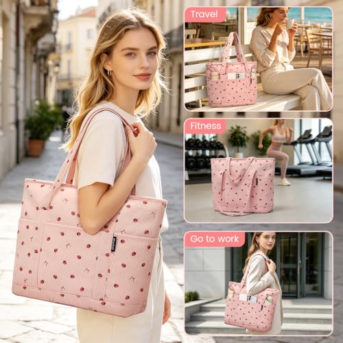 Large Canvas Tote Bag for Women, Beach Bag with Zipper, Utility Tote Bag with 3 Front Pockets, Weekender Pool Bag - color: Pink