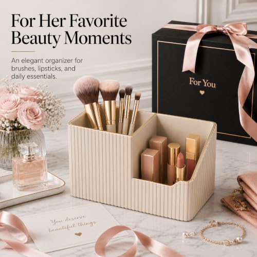 GORESE Leather Makeup Brush Holder with Lipstick Organizer, Beige - color: Beige