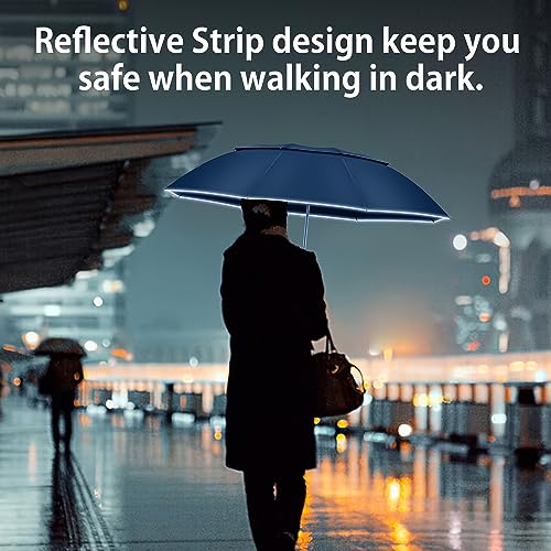 Urvoix Compact Golf Umbrella, Windproof Double Canopy Reflective Stripe - color: Blue, size: 45"
