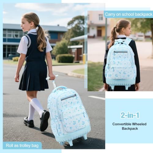 ACESAK Rolling Backpack for Girls with Lunch Bag & Pencil Pouch - color: Blue Bow
