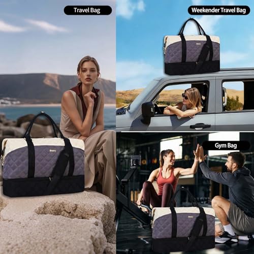 Weekender Bag, Large Travel Duffel Bag for Women, Carry on Overnight Bag with Shoe Compartment and Toiletry Bags - color: E-3PCS Beige Grey Black