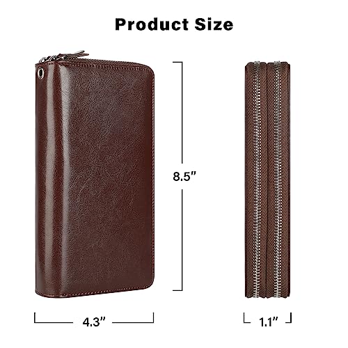 Lavemi Women's 100% Leather Double Zipper Large Capacity RFID Blocking Phone Holder Clutch Travel Purse with Wristlet Strap(Double Zipper Coffee) - color: 2-waxed Coffee, size: One Size