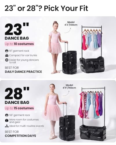 Fanwoli 23" Foldable Dance Bag with Rack, Rolling Competition Duffel - color: Sparkling Black