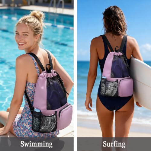 Swim Bag Mesh Beach Drawstring Backpack with Wet Pocket Waterproof for Gym Workout Men Women (Light Purple) - color: Light Purple