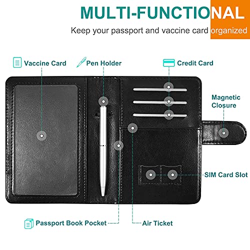 RSAquar Unisex Faux Leather Passport and Vaccine Card Holder Combo, Black, Slim and Lightweight with RFID Blocking Technology - color: Black
