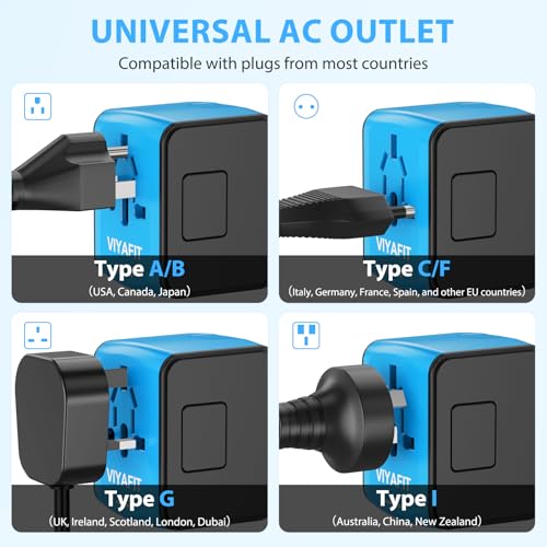 Universal International Travel Power Adapter, All in One Wall Charger with High Speed 2.4A 3xUSB, 3.0A Type-C, European Adapter, Worldwide AC Outlet Plugs for UK, CA, EU, AU, Asia (Blue)