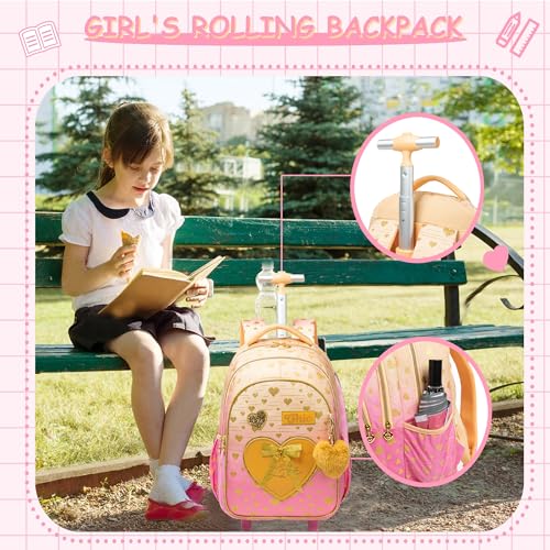 Meetbelify Rolling Backpack for Girls Kids Backpacks with Wheels for Elementary Students Girls Carry on Backpack with Lunch Box 3 in 1 Travel Suitcase Trip Luggage for Kids Ages 6-8 - color: 808